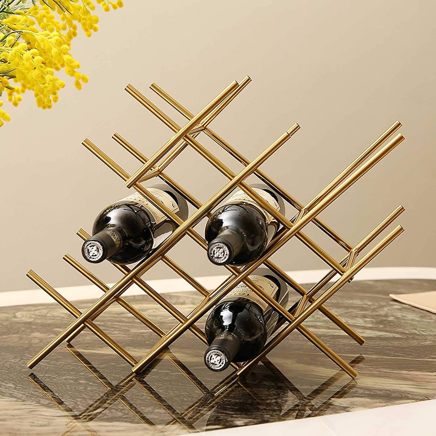 Stylish Gold Wine Rack - 6 Bottle Freestanding Metal Storage