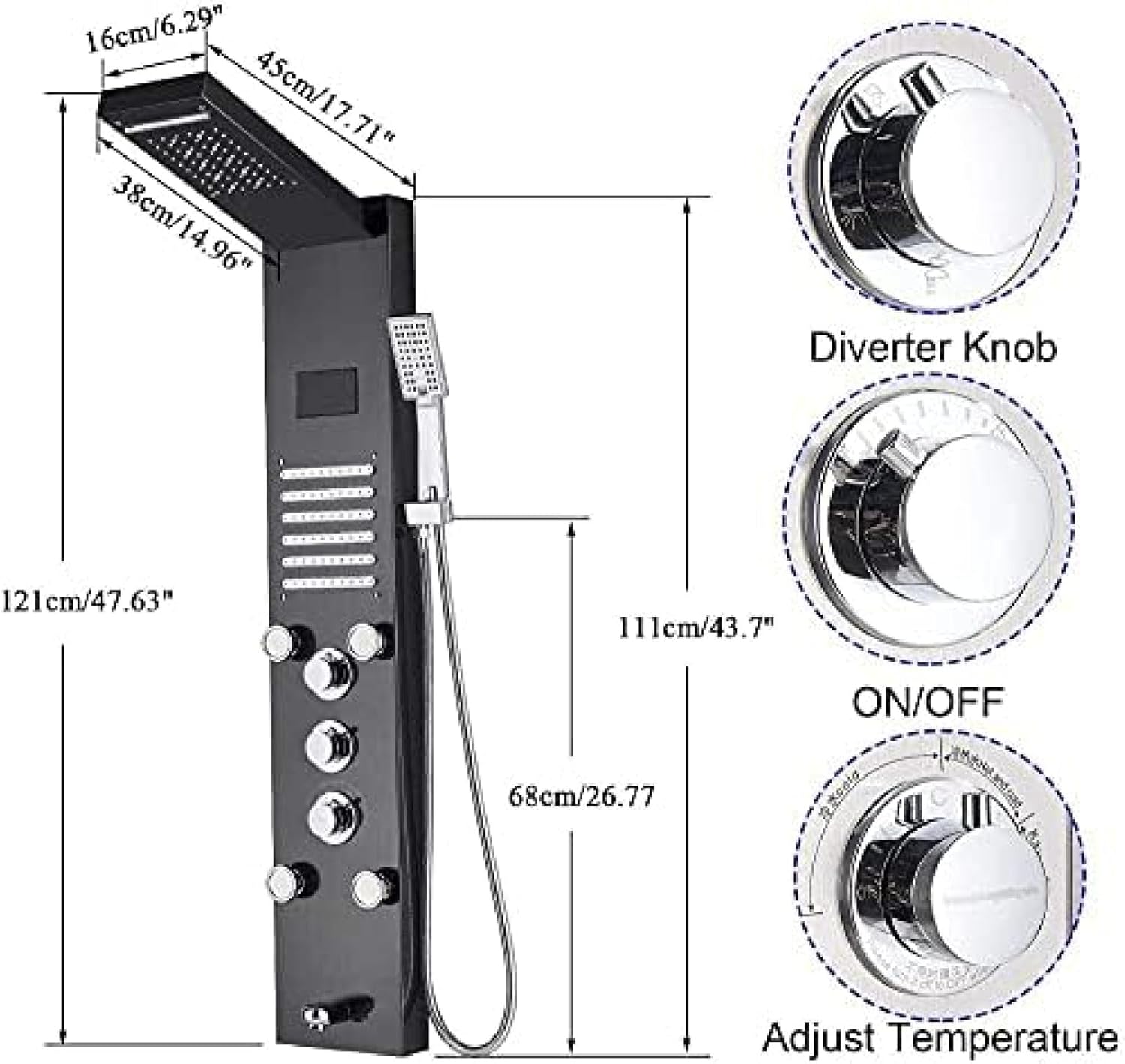 TECKI Shower Panel Column with 5 Functions Hydromassage and Handheld Shower - Gold Black