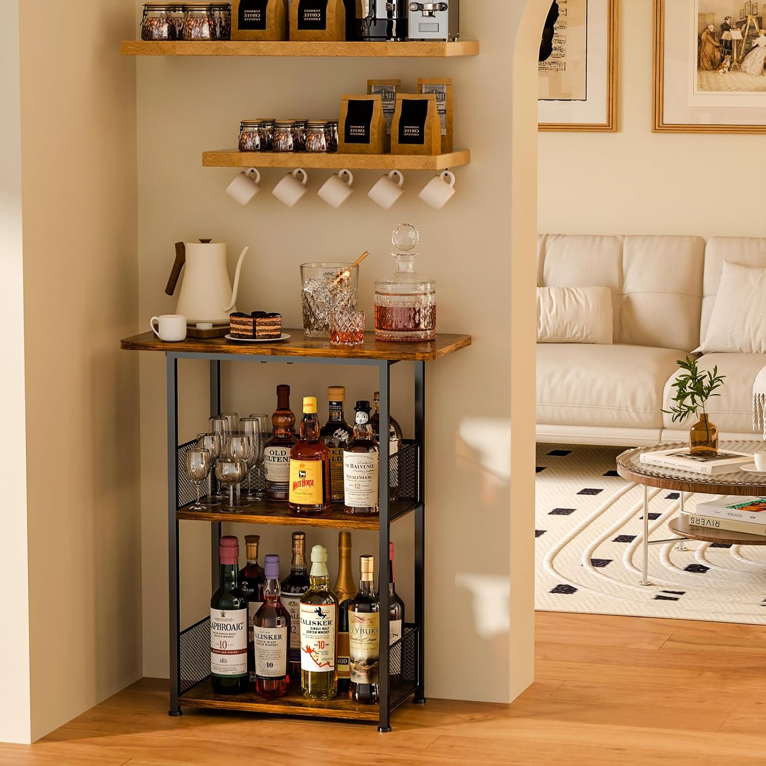 Eyteenokk 3 Tier Freestanding Whiskey Rack with T-Shape Countertop