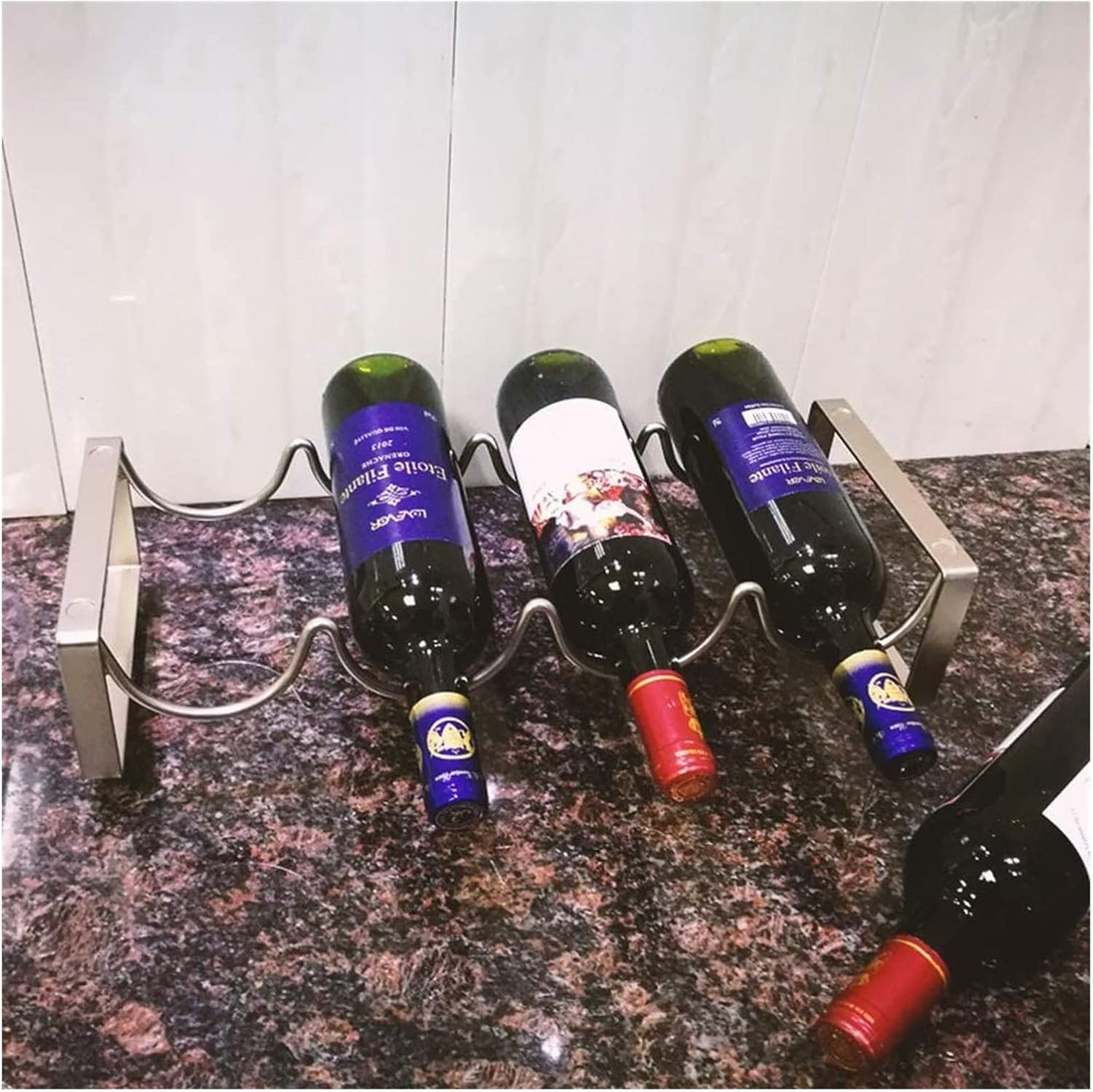 ALDEPO 4 Bottle Stackable Wine Rack with Silver Metal Tiers