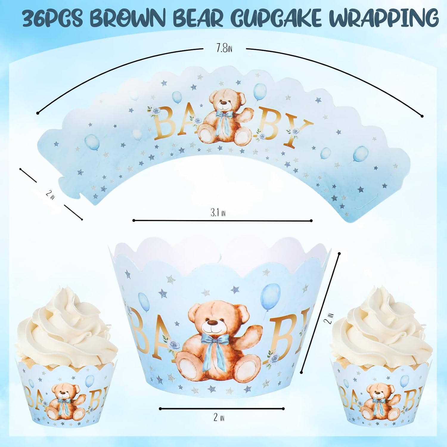 Whaline 36Pcs Blue Bear Cupcake Wrappers