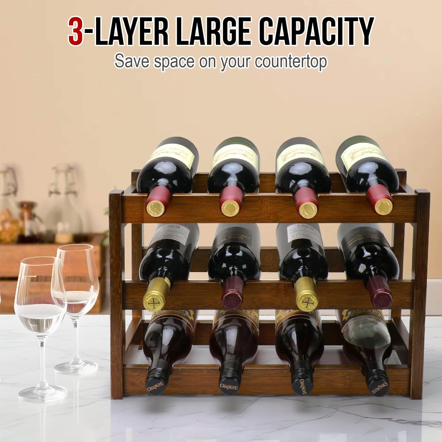 Thalomely 3-Tier Bamboo Wine Rack with 12 Bottles Storage