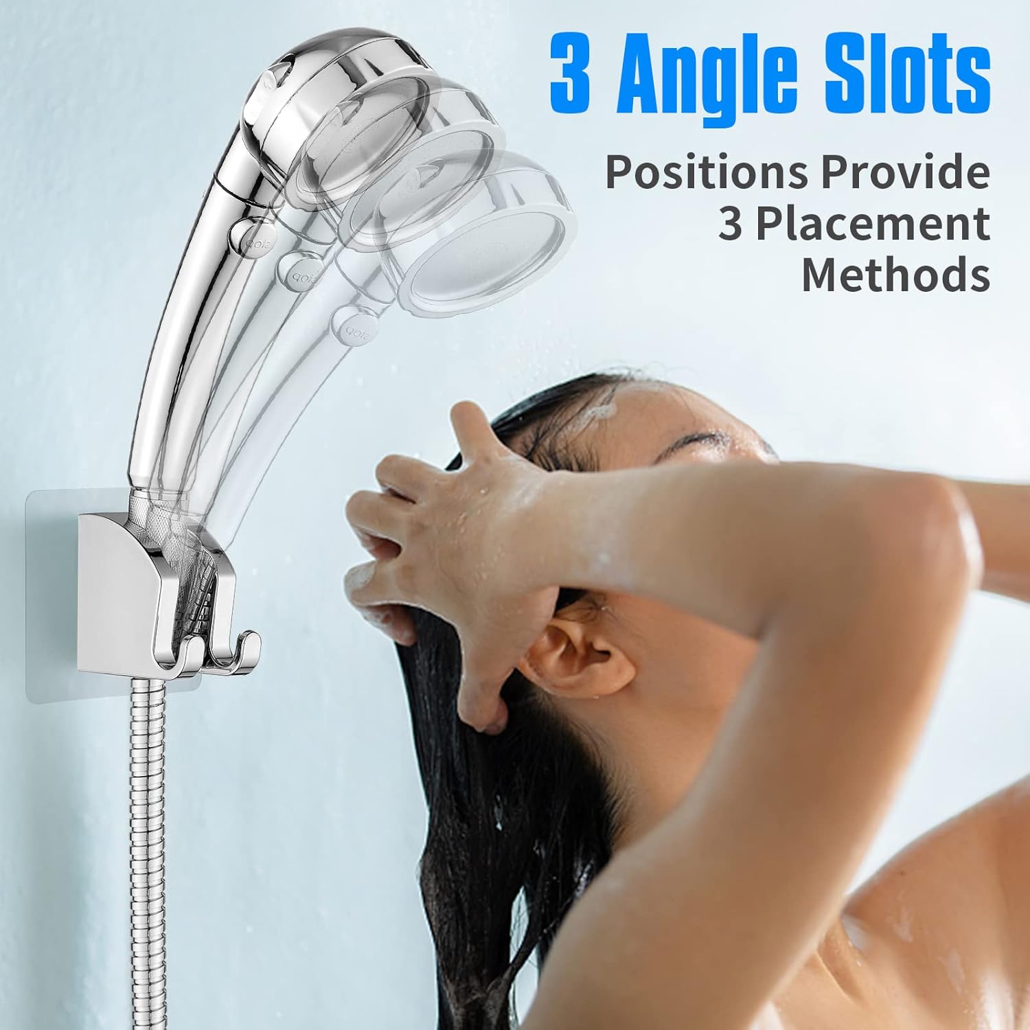 JONKEAN Chrome Shower Head Holder with 2 Hooks No Drill Adjustable 1