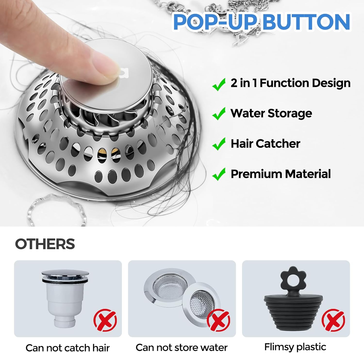 Zaa Bathtub Drain Stopper with Hair Catcher Silver