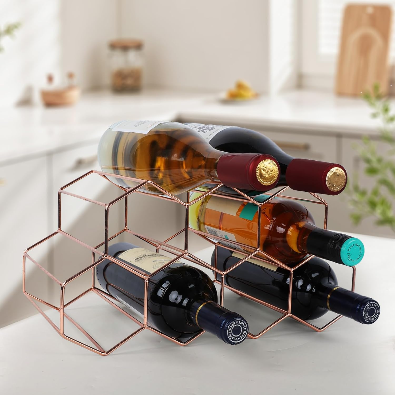 Luoieo Rose Gold Wine Rack 9 Bottle Geometric Design No Assembly Required