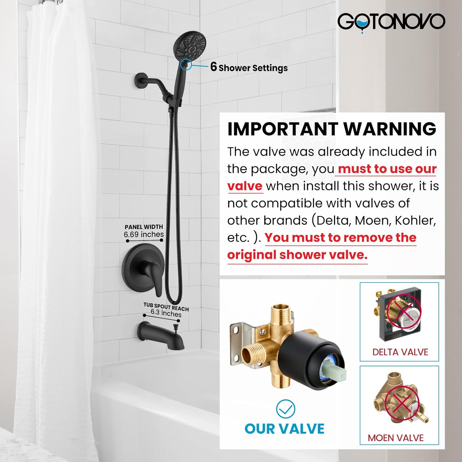 Gotonovo Bathroom Shower Head Kit with 6 Modes and Valve Included