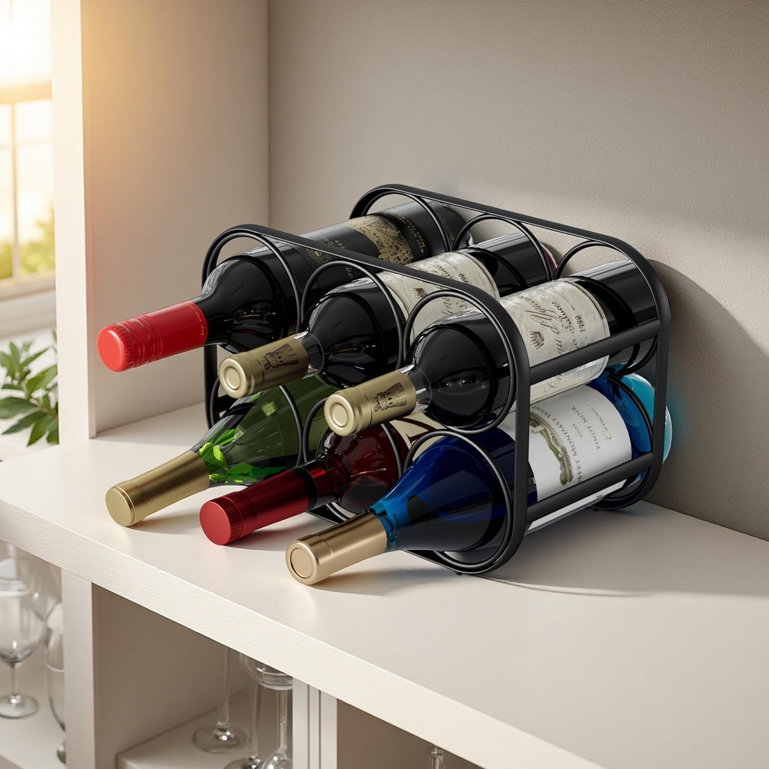 Buruis 6-Bottle Wine Rack Modern Black Metal Stand