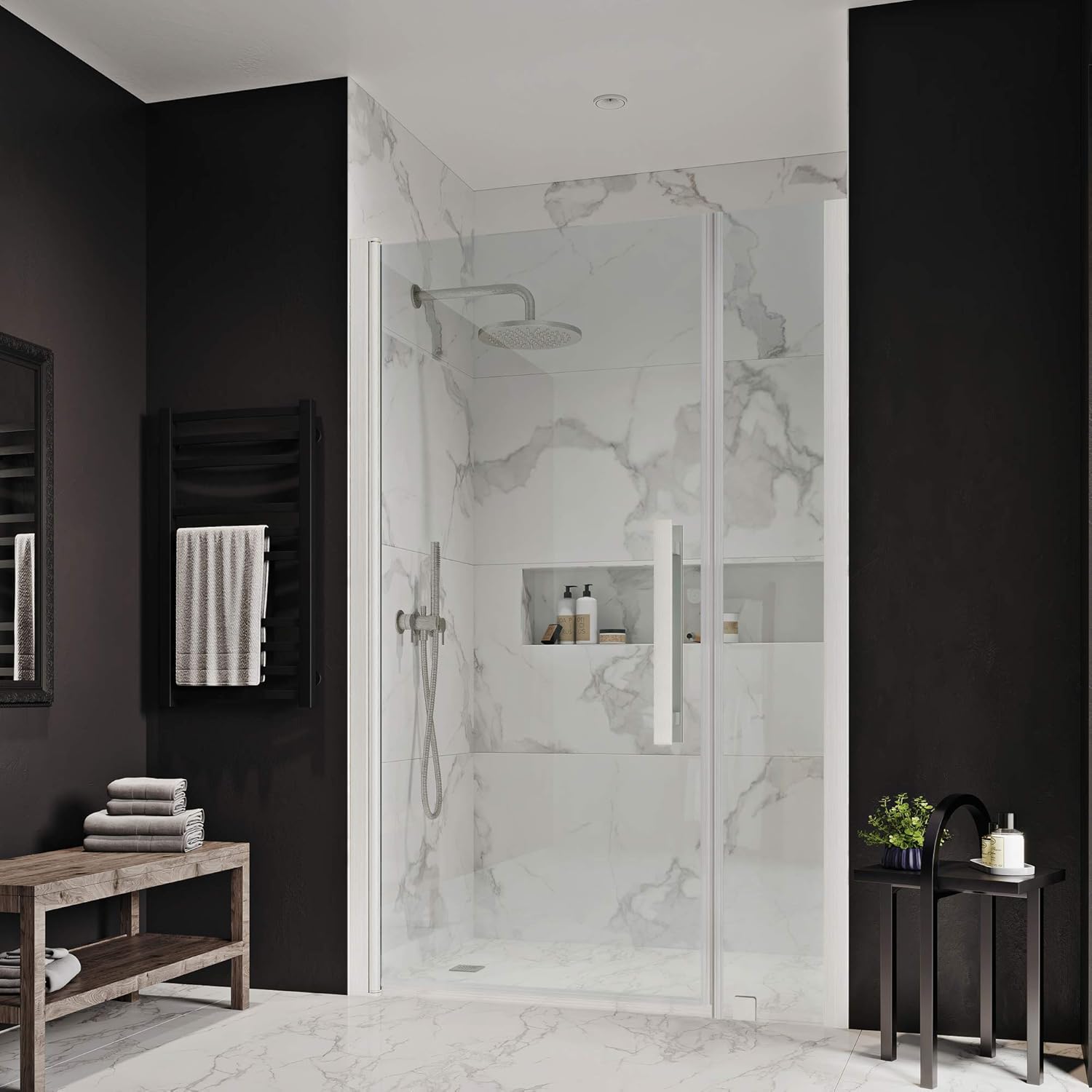 OVE Decors Frameless Pivot Shower Door Satin Nickel 1