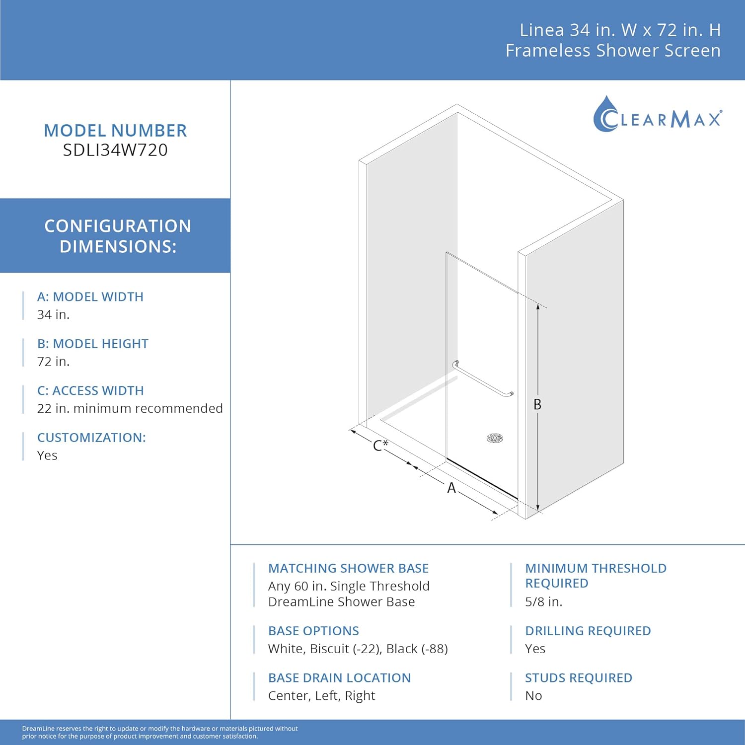 DreamLine Linea 34x72 Frameless Shower Screen Satin Black