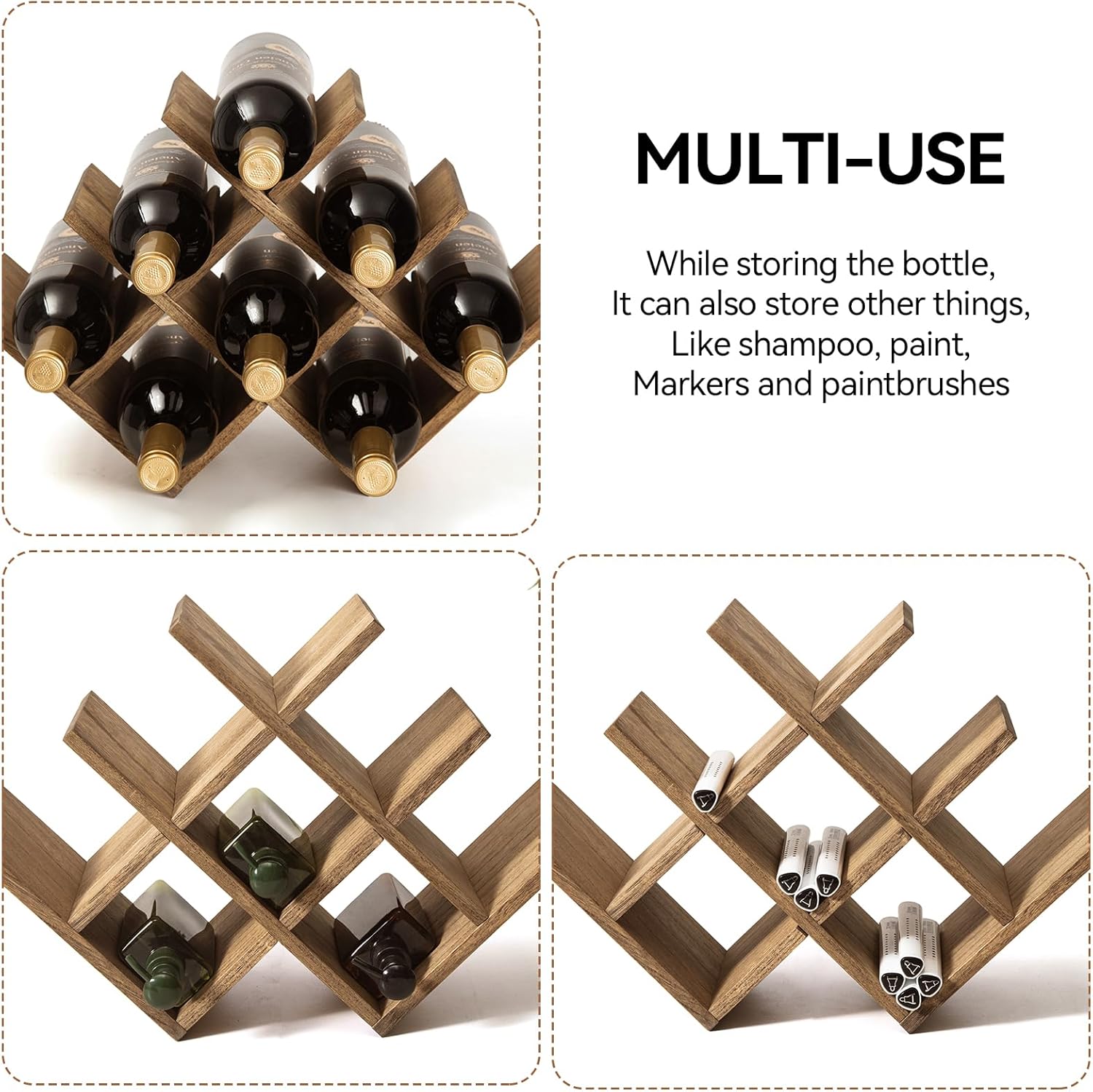 KIRIGEN 8-Bottle Wood Wine Rack - 3-Tier Free Standing Holder