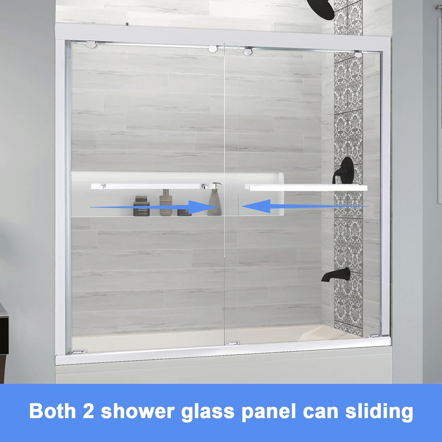 BoBliss Double Sliding Shower Door 59x59 with Chrome Handle and Towel Bar