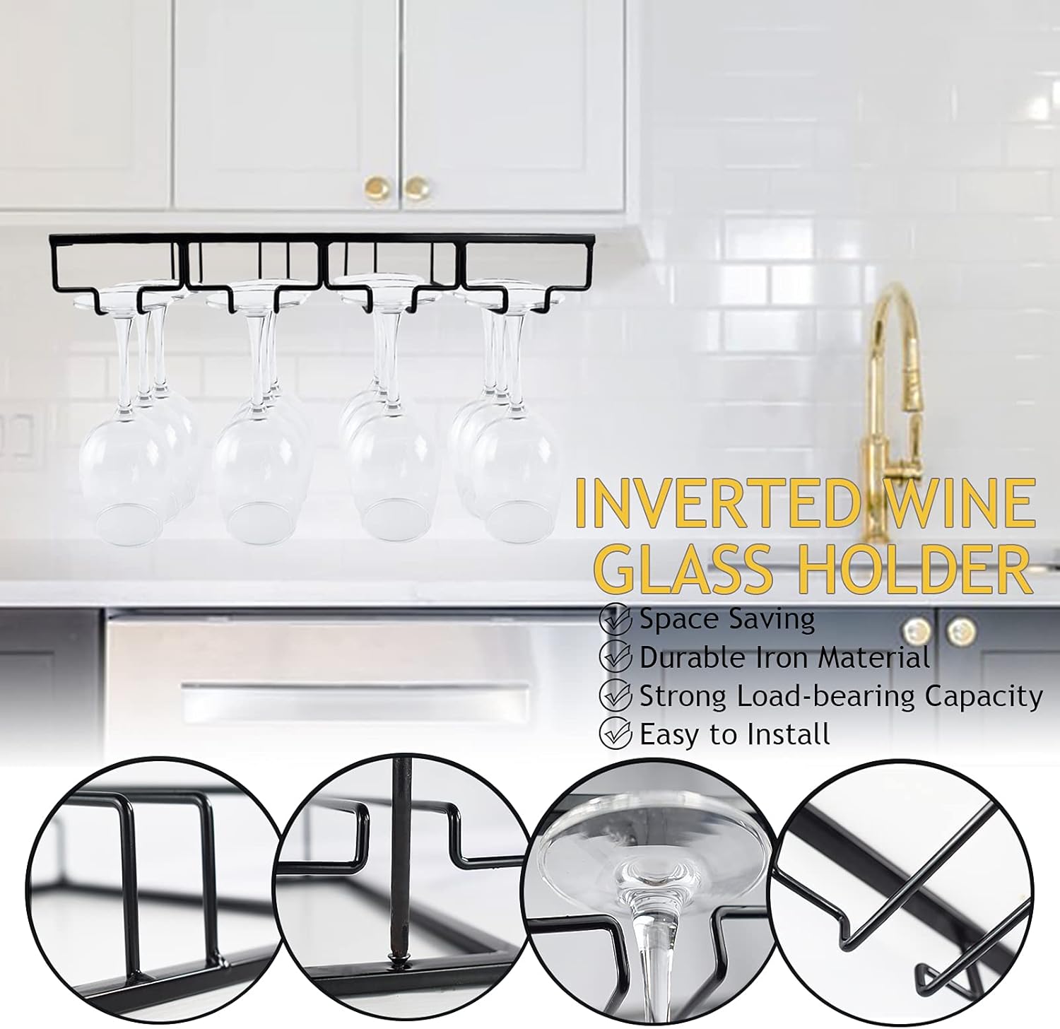 Wine Glass Rack 2 Pack - 4 Rows Black Metal Storage Hanger
