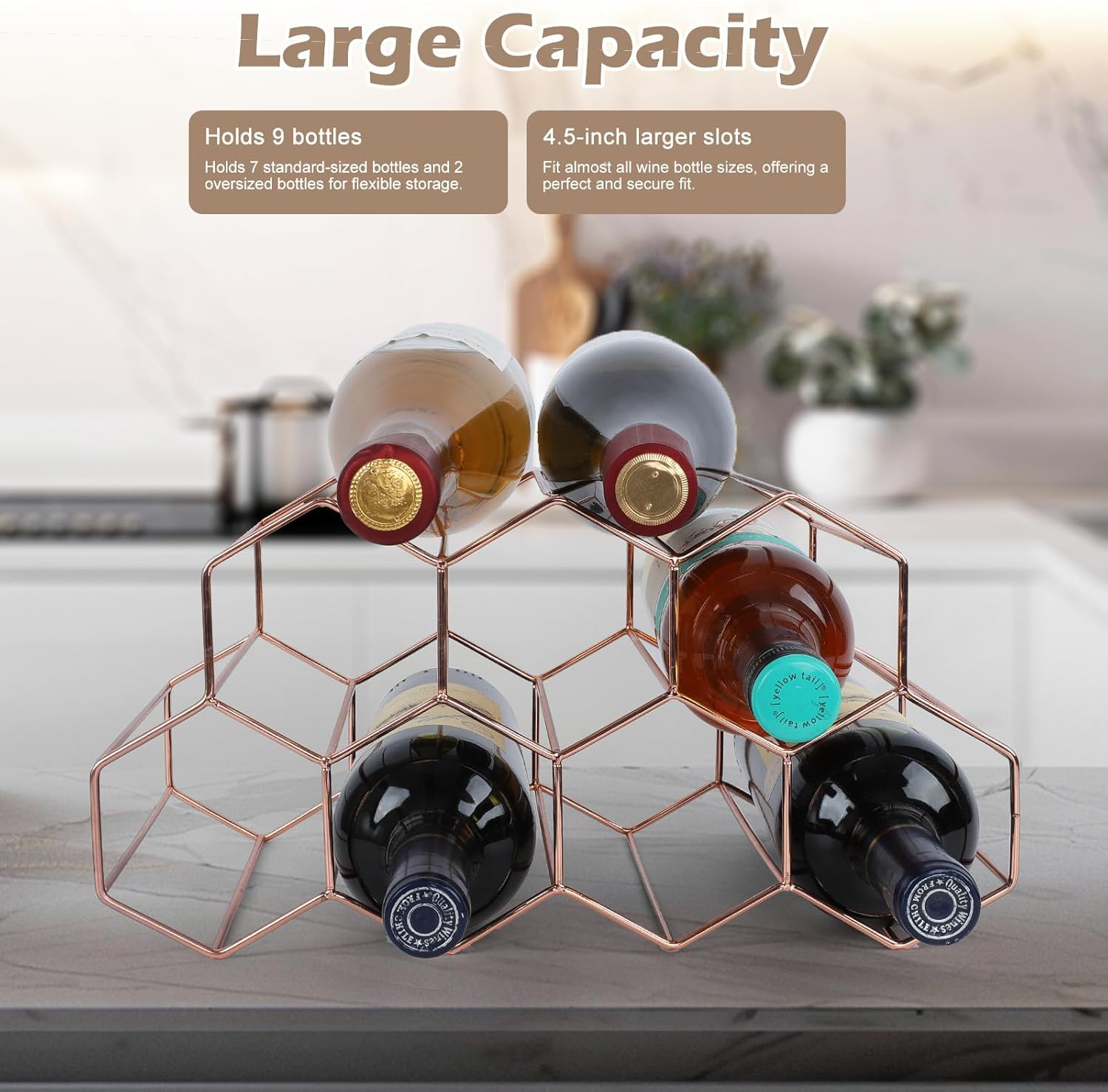 Luoieo Rose Gold Wine Rack 9 Bottle Geometric Design No Assembly Required