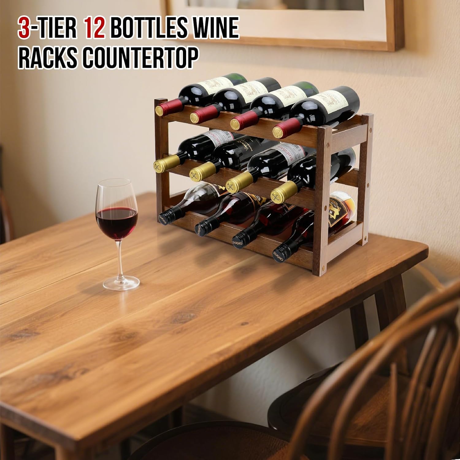 Thalomely 3-Tier Bamboo Wine Rack with 12 Bottles Storage