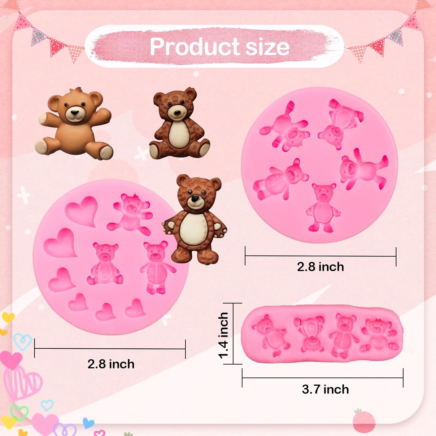 MEMOVAN 3pcs Bear Silicone Fondant Molds for Cake Decorations