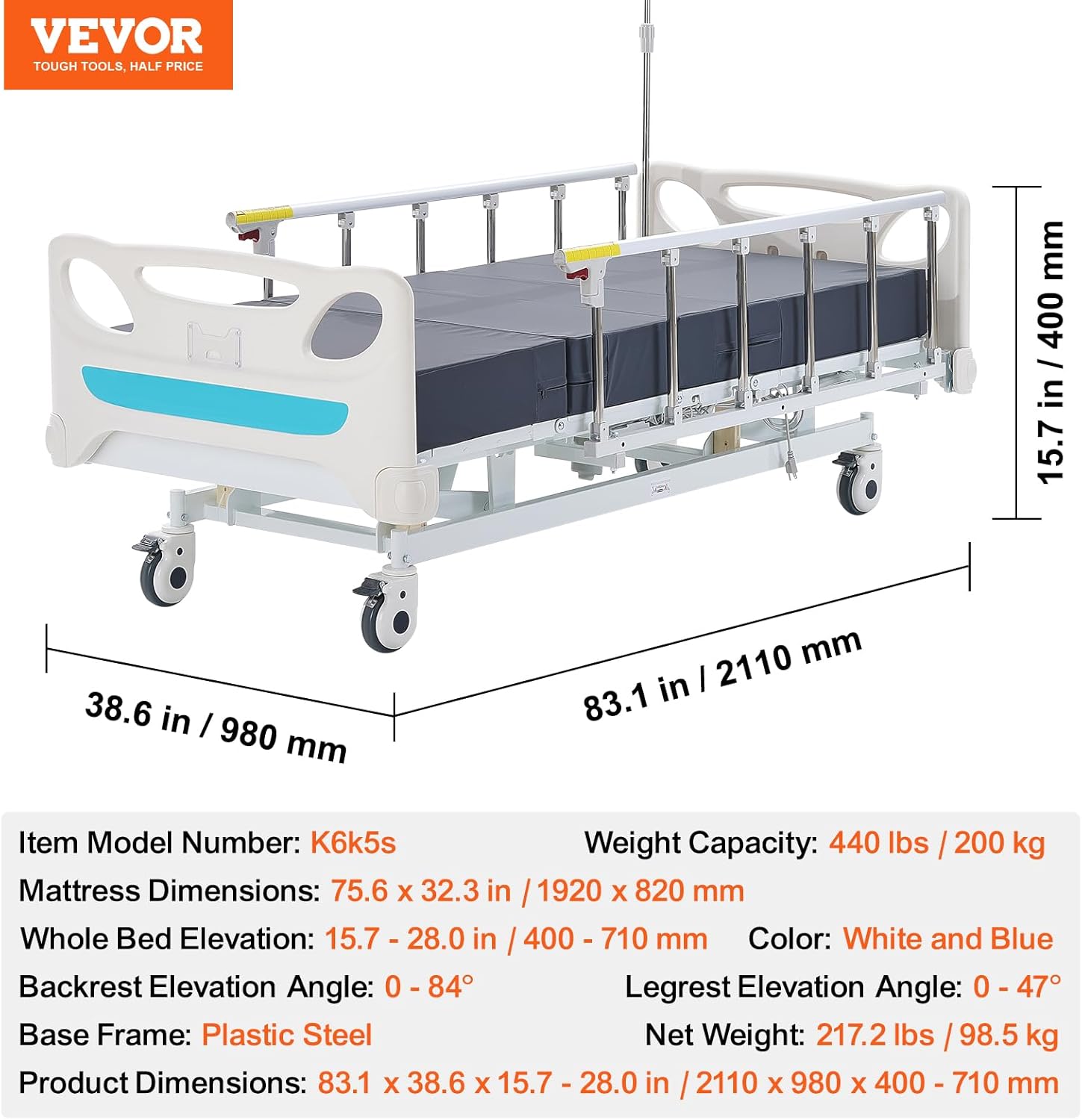 VEVOR 3 Function Full Electric Hospital Bed with Mattress and IV Pole