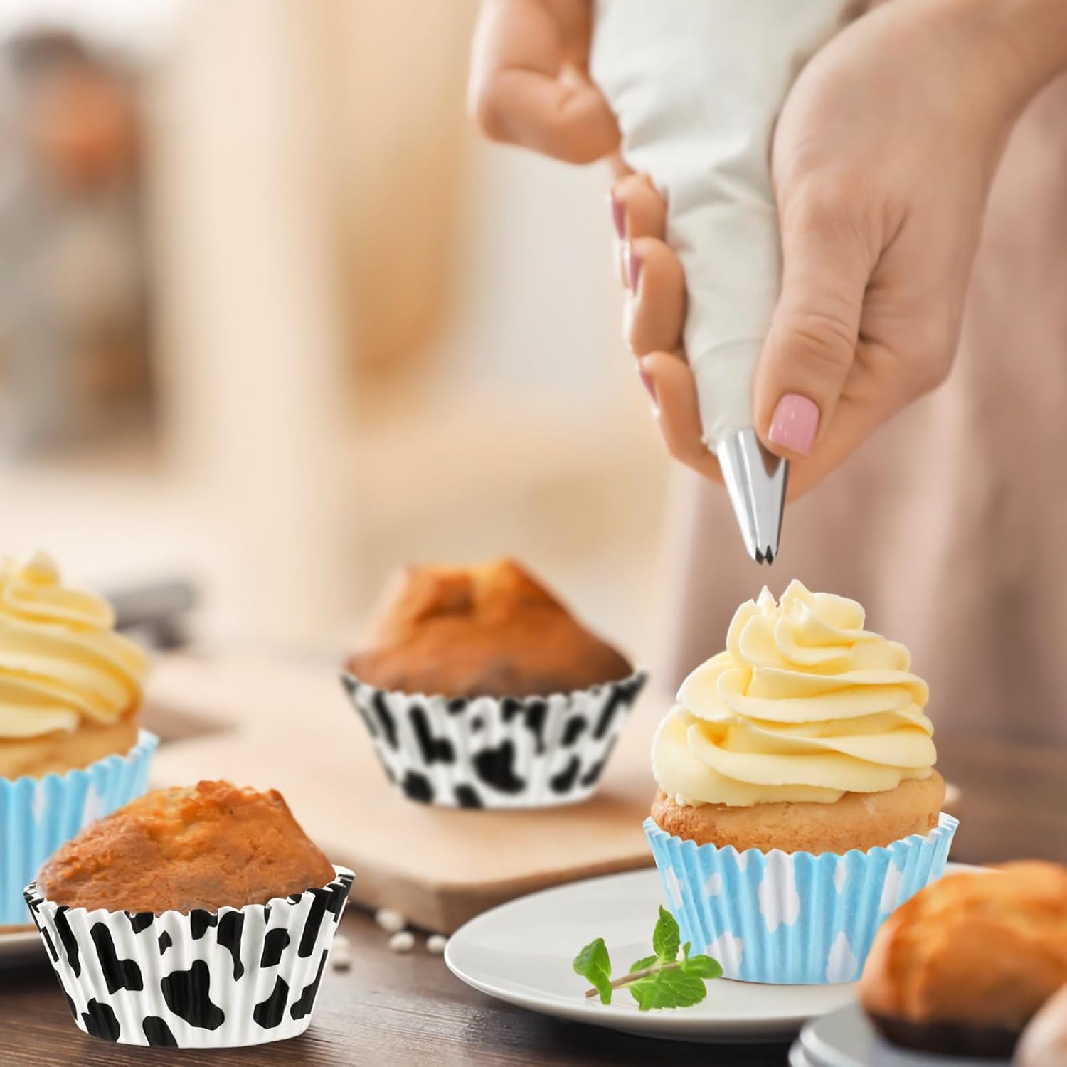 Cunhill 300 Pcs Baking Cups with Cloud Blue and Cow Print Liners