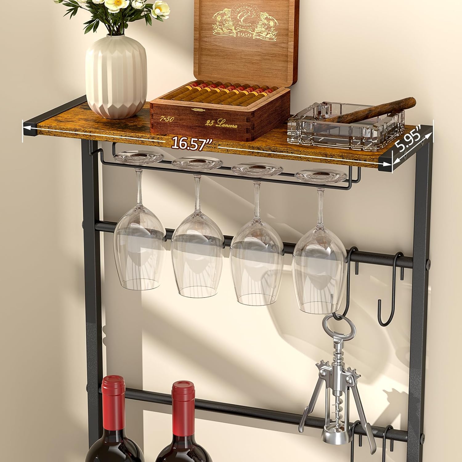 DAOUTIME 5-Tier Freestanding Wine Rack with Glasses Holder and 4 S Hooks