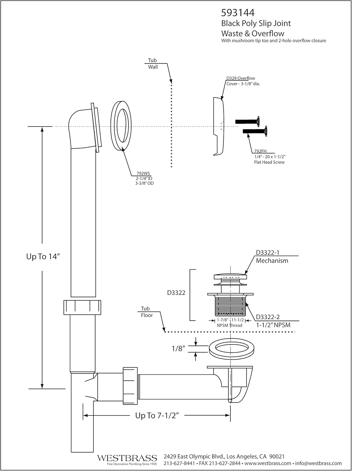 Westbrass 1-12 Black Tubular Drain Kit Matte Black