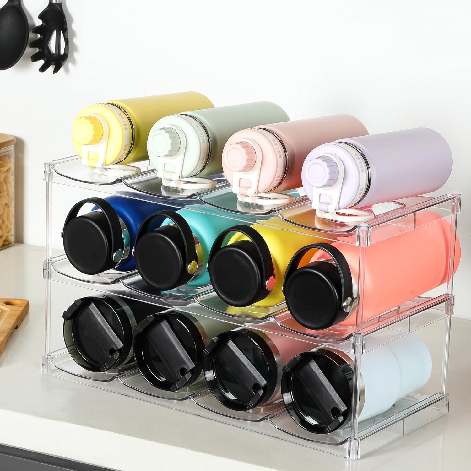 3 Tier Stackable Water Bottle Organizer - 12 Cup Holder for Large Bottles