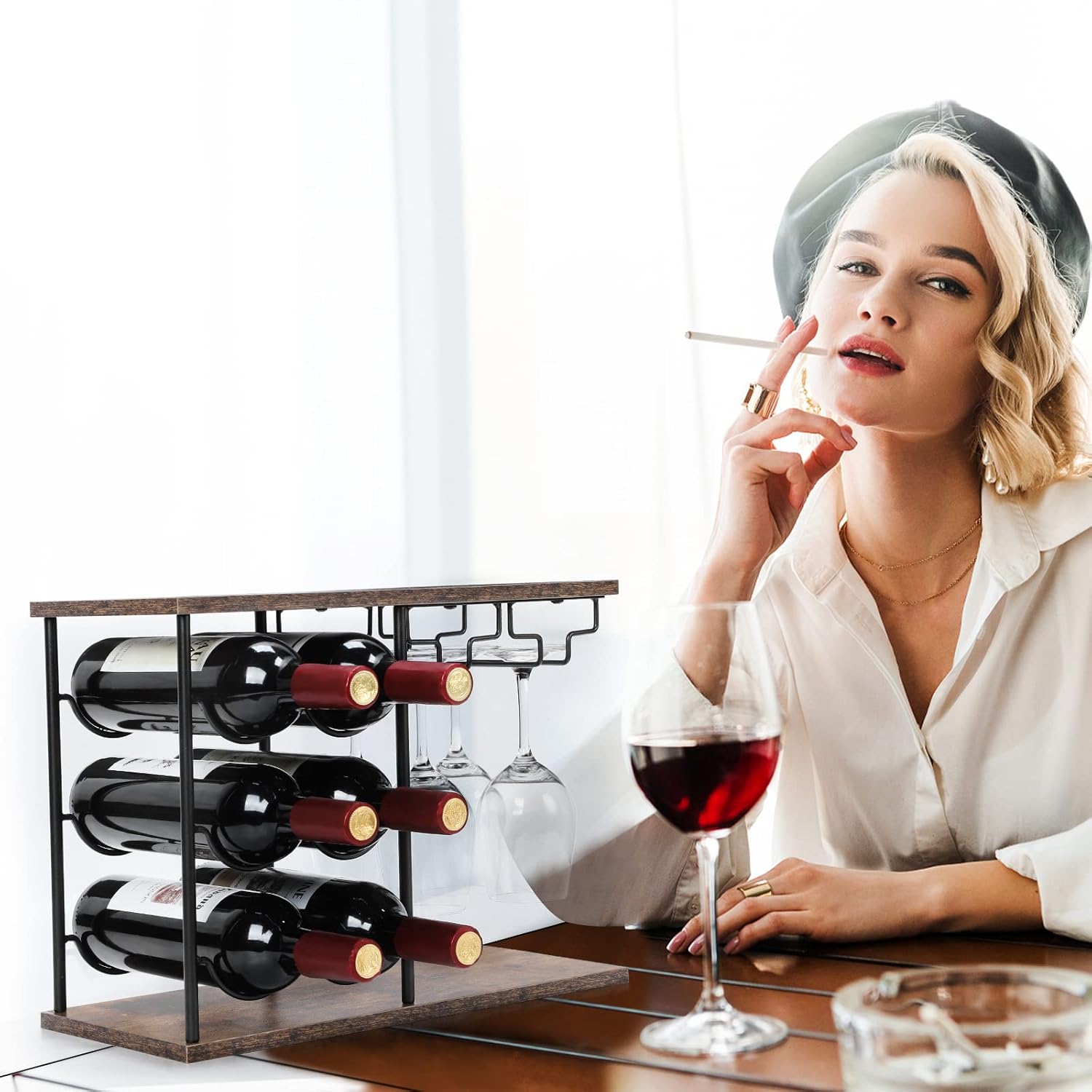 MOOACE Freestanding Wine Rack with Glass Holder