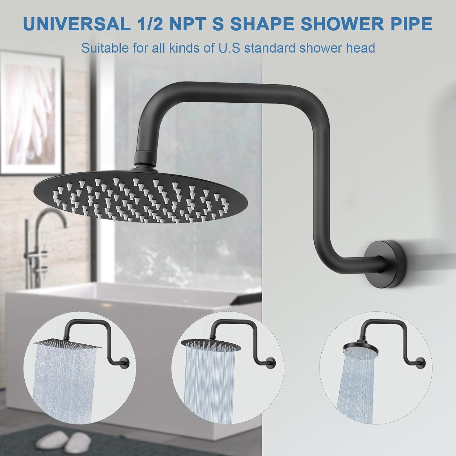 HarJue S Shaped Shower Arm 13 Inch Z-S Shape Matte Black