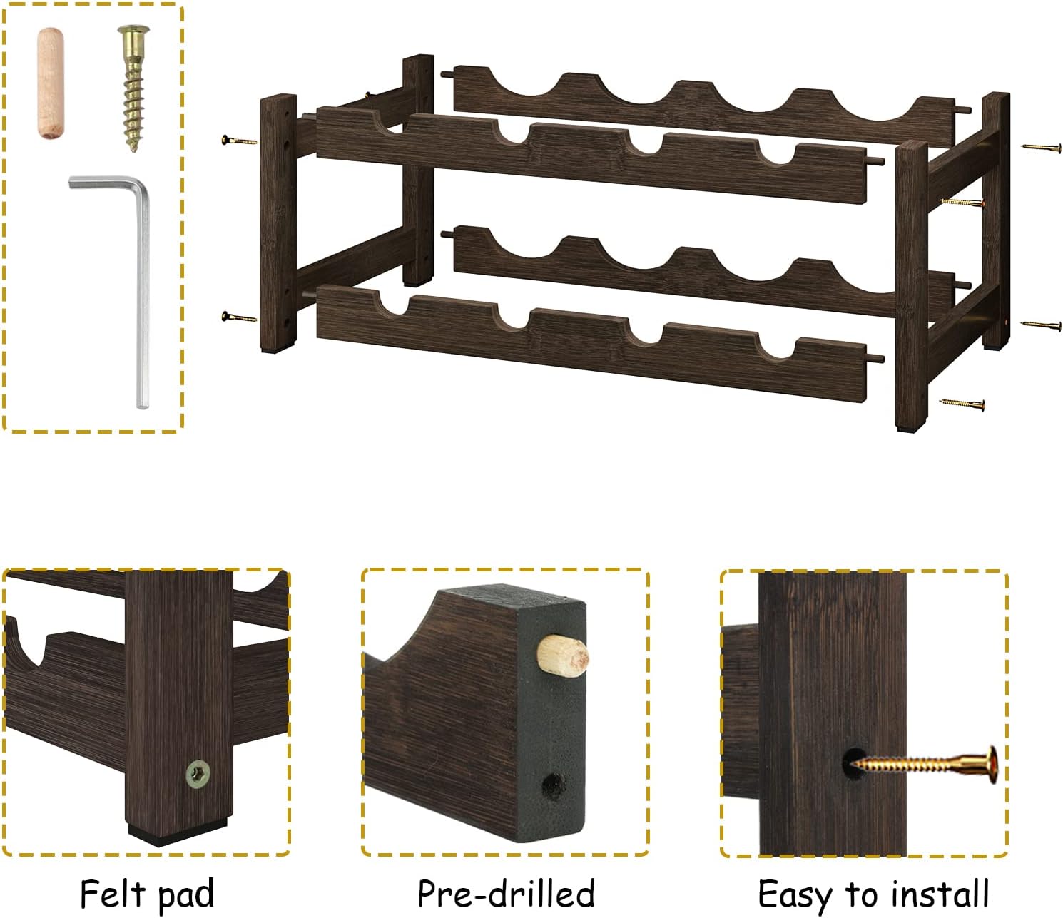 Bameos 2 Tier Bamboo Wine Rack 8 Bottle Mocha