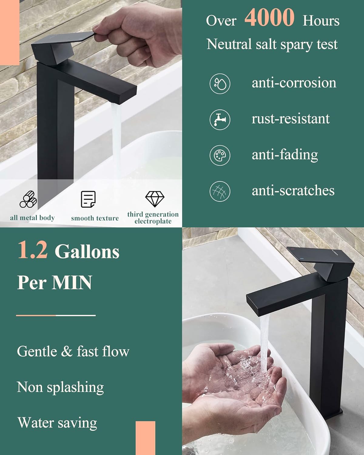 KUZOR Tall Vessel Sink Faucet Matte Black 1 Hole 125 Inch