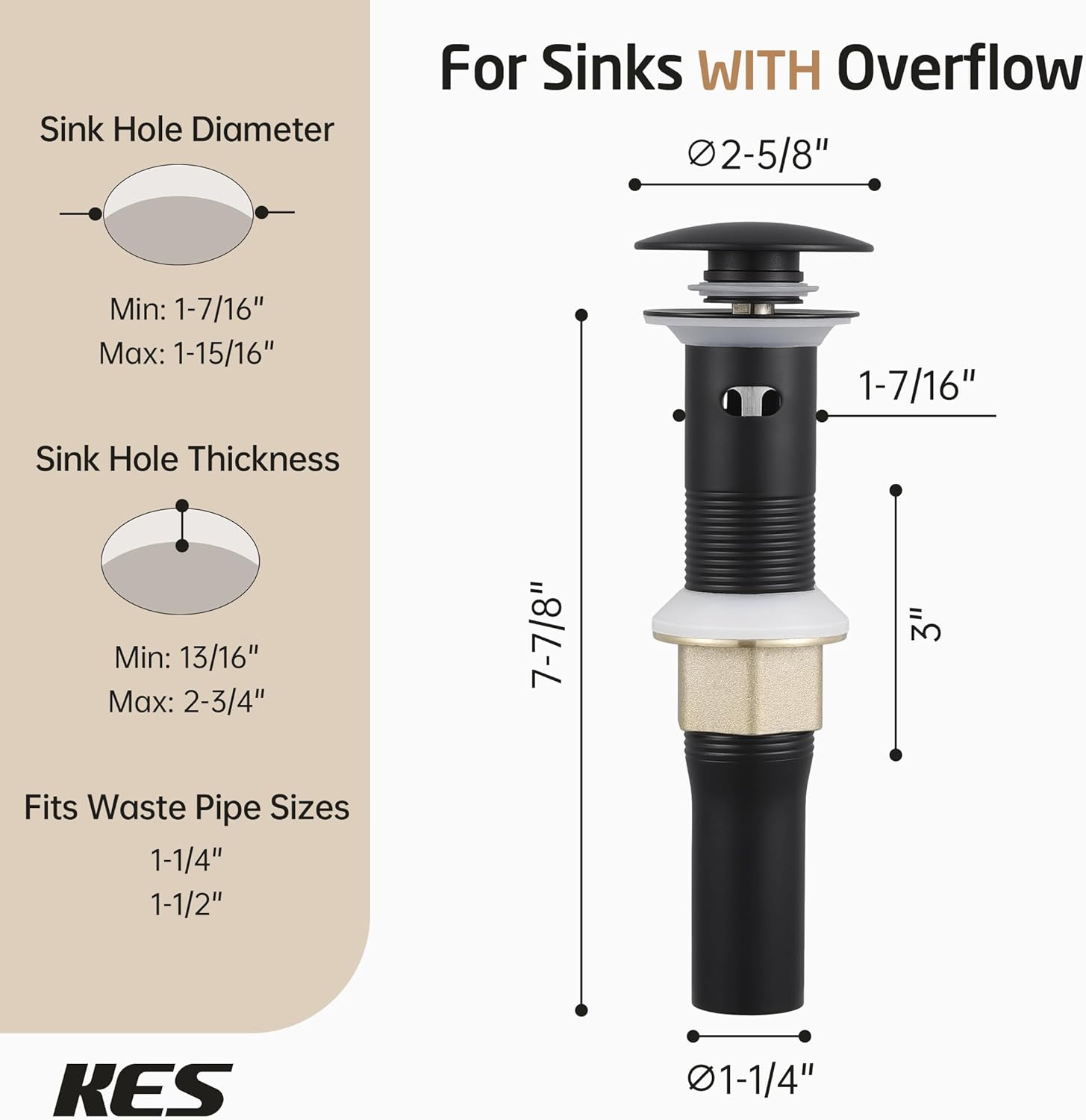 KES All Metal Bathroom Sink Drain with Strainer Basket and Overflow