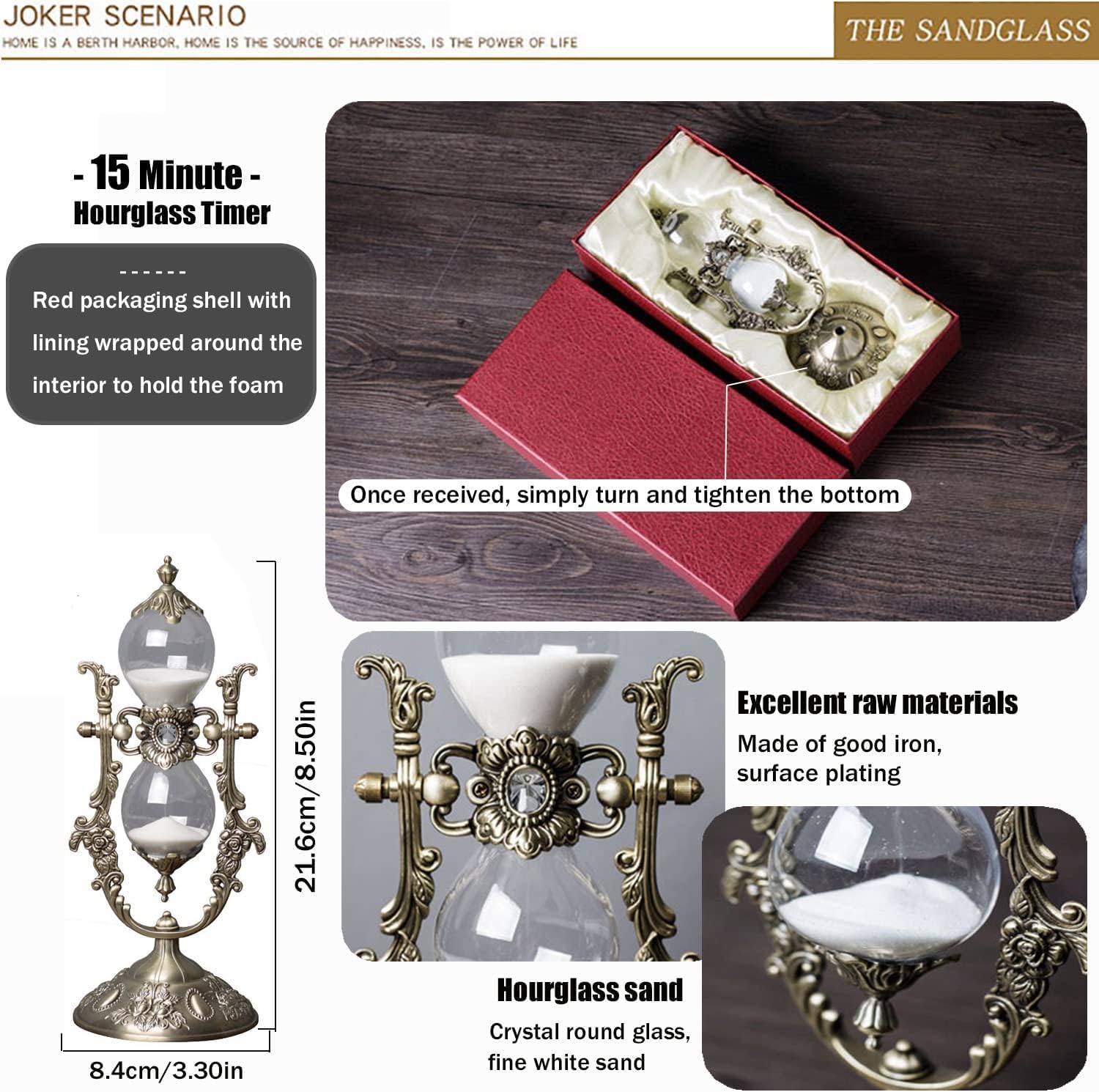 NIUASH 15-Minute Metal Vintage Hourglass Timer