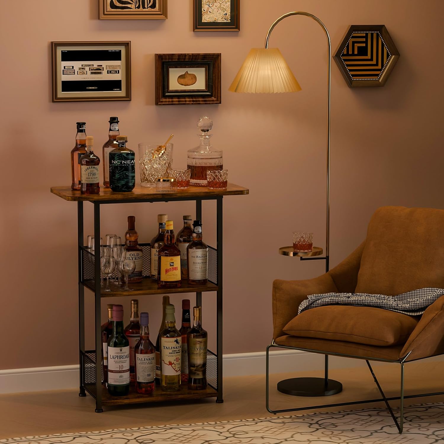Eyteenokk 3 Tier Freestanding Whiskey Rack with T-Shape Countertop