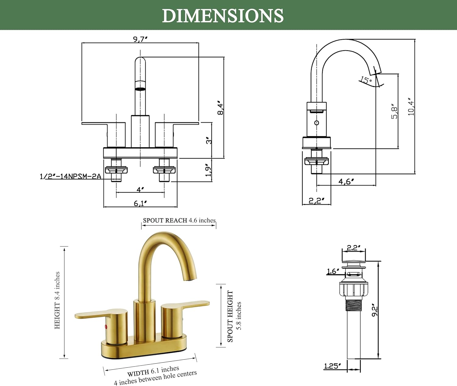 TimeArrow Brushed Gold 2 Handle Centerset Faucet with Drain 4 Inch High Arc