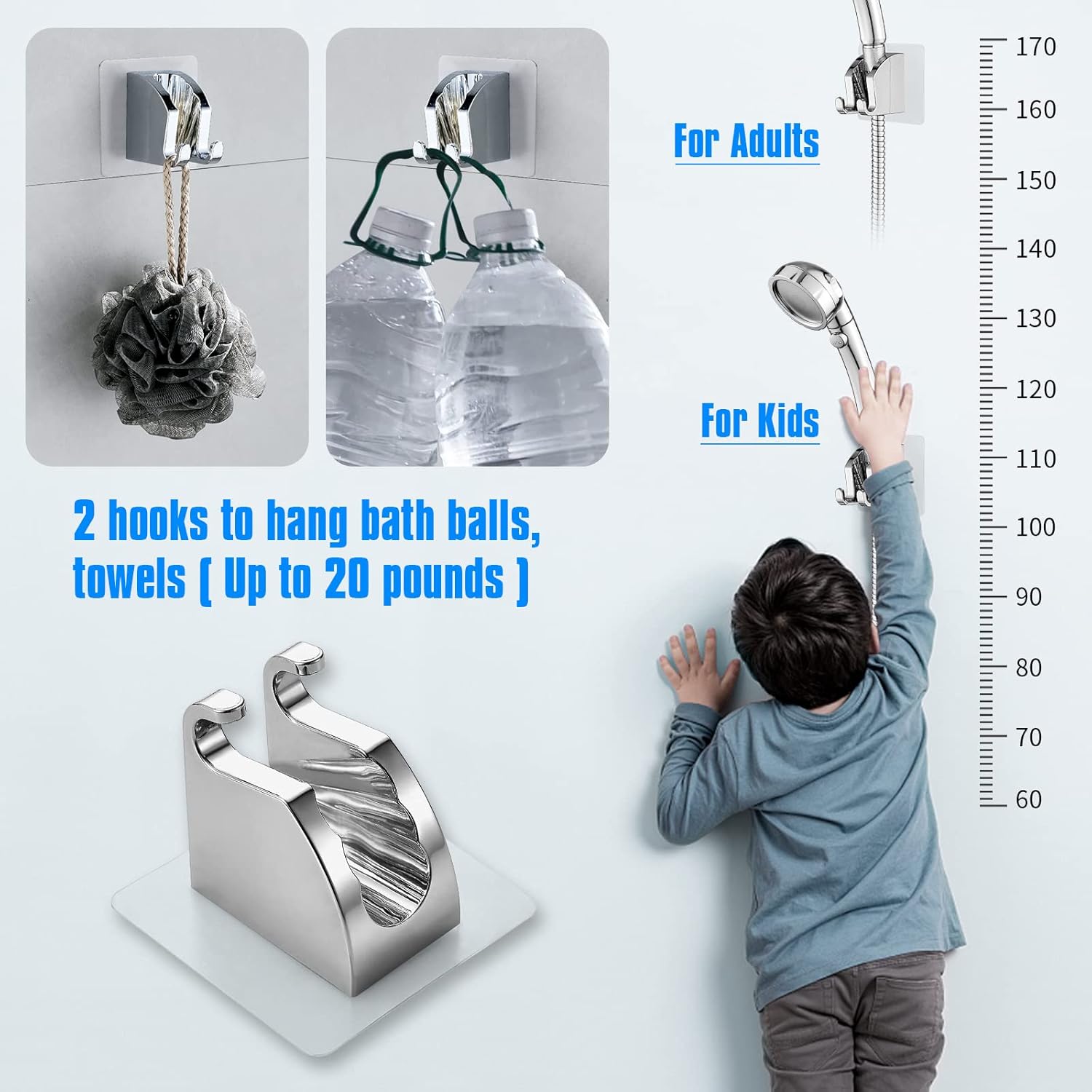 JONKEAN Chrome Shower Head Holder with 2 Hooks No Drill Adjustable 1