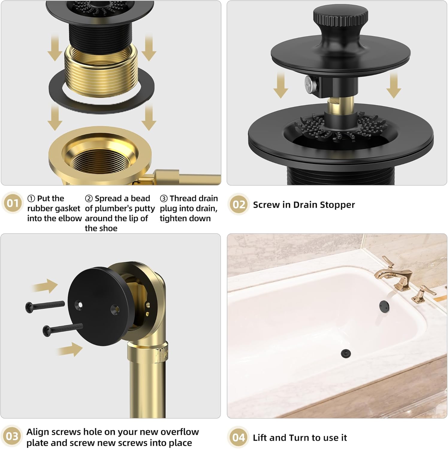 Matte Black Bathtub Drain with Hair Catcher and Overflow Faceplate