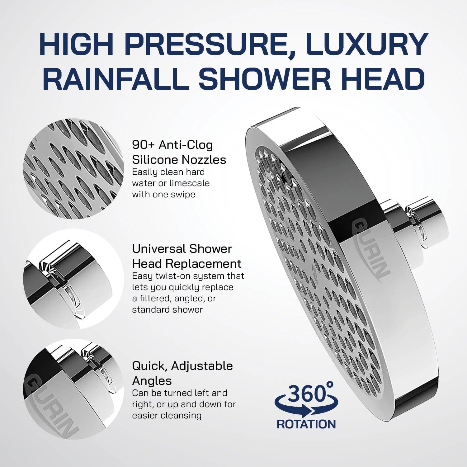 GURIN High Pressure Rain Shower Head with Chrome Finish