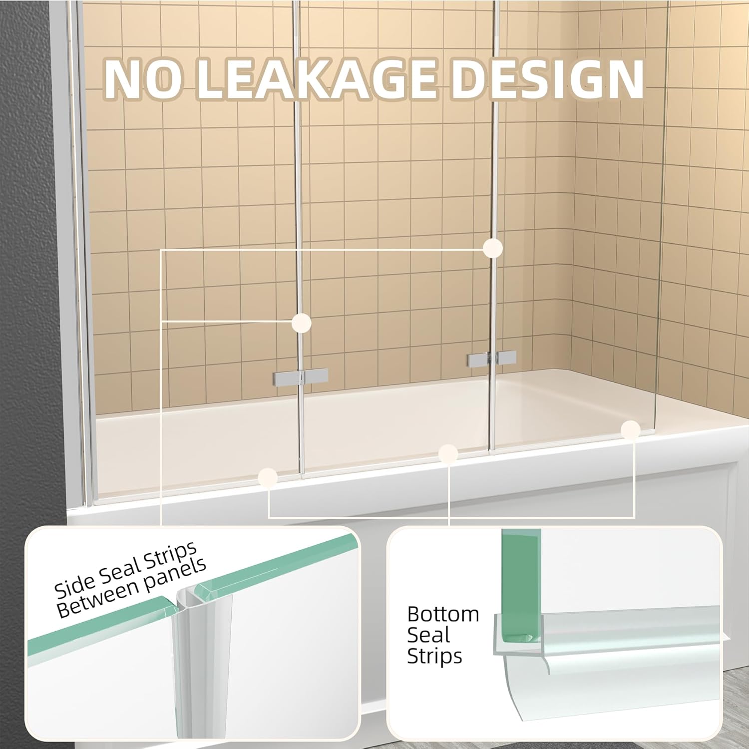 GETPRO Foldable Hinged Tub Shower Door 51x59