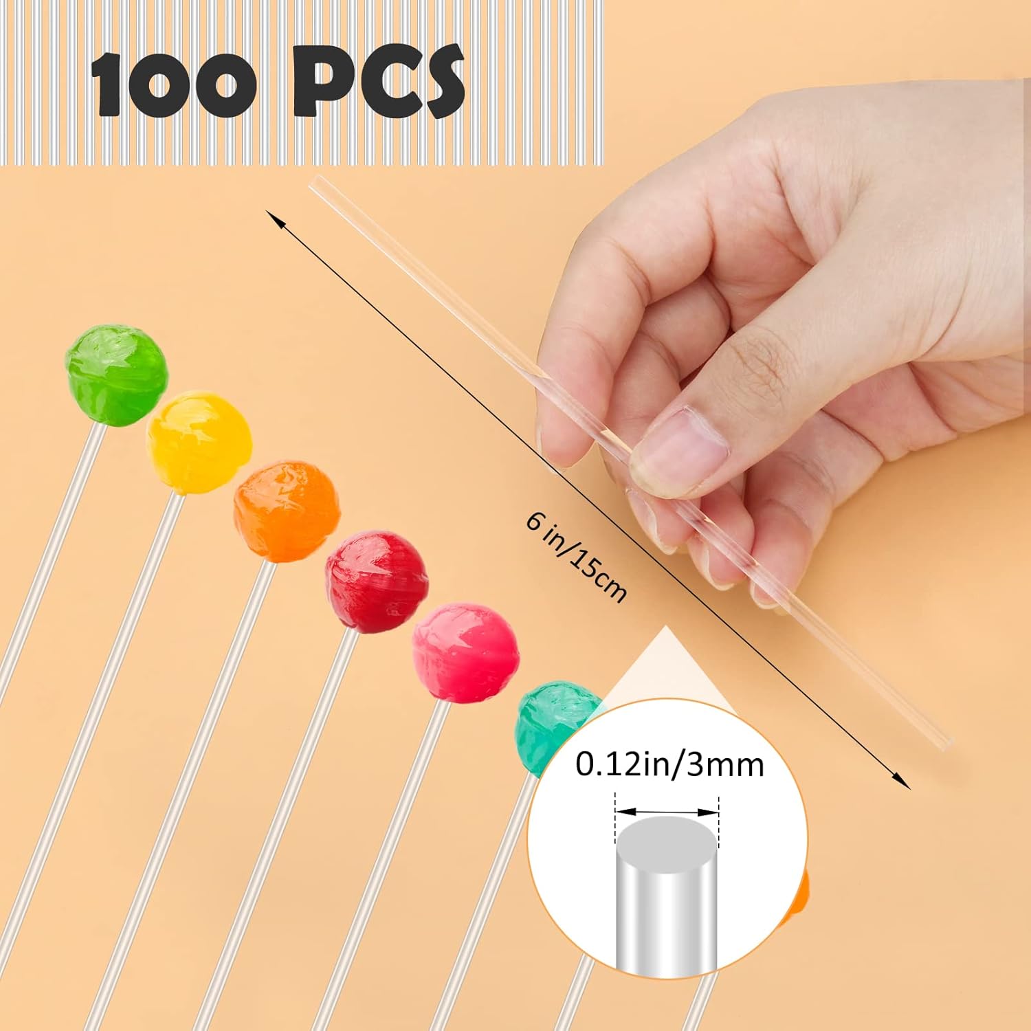 100 PCS 6-Inch Acrylic Lollipop Sticks for Cake and Candy Making