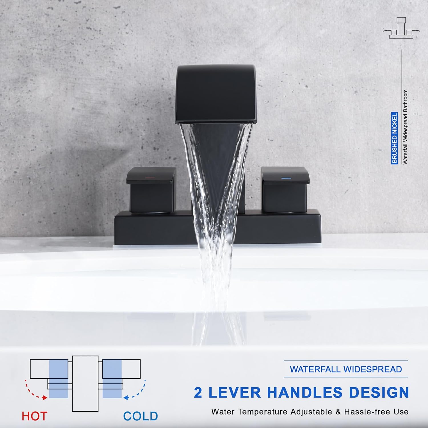 Black Waterfall Bathroom Faucet with Pop Up Drain and Overflow