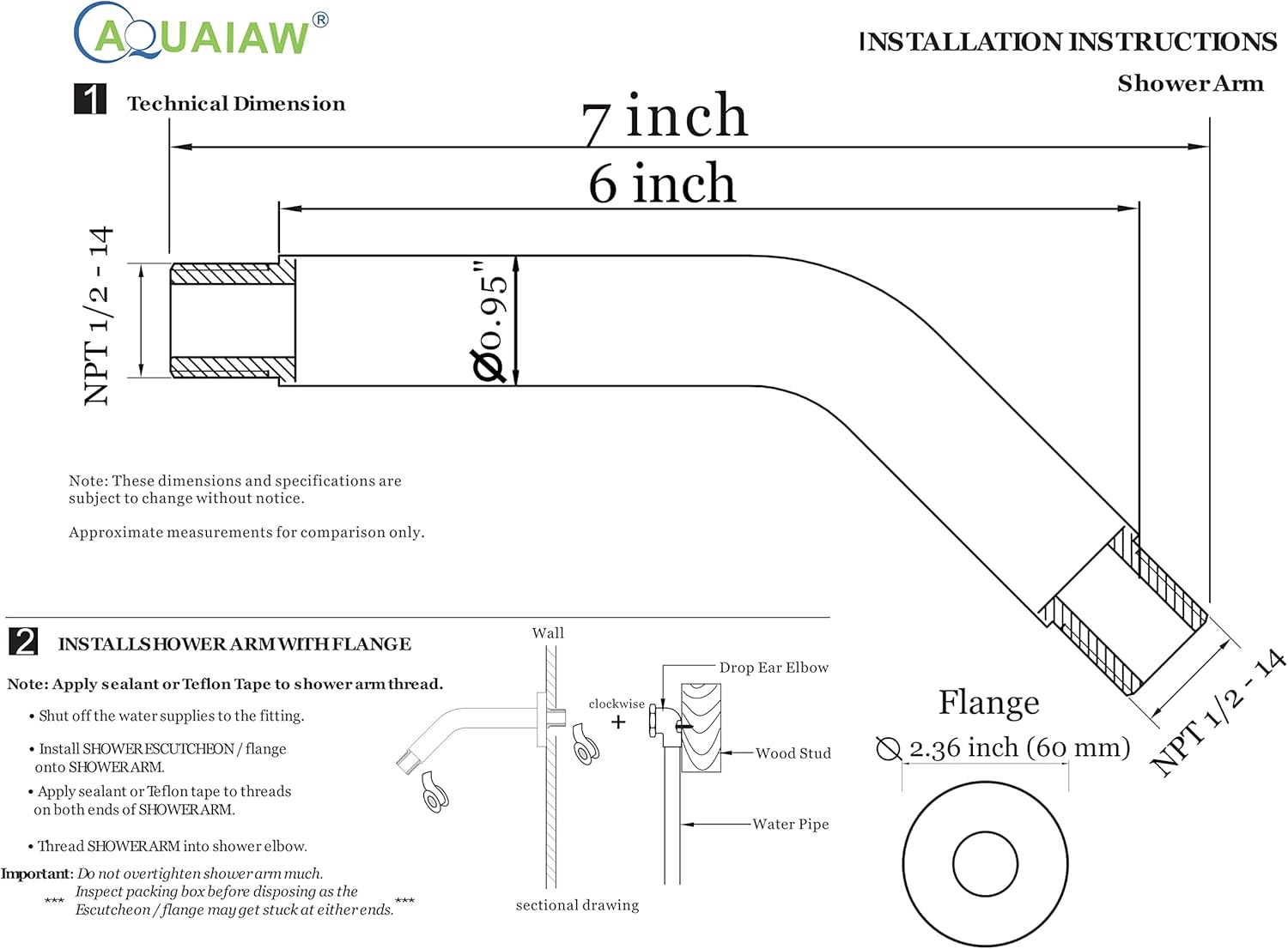 Aquaiaw 6 Inch Solid Brass Shower Arm with Escutcheon