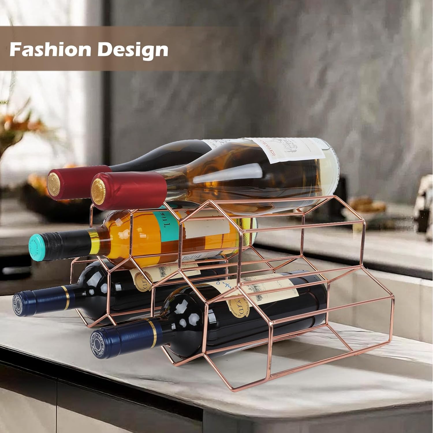 Luoieo Rose Gold Wine Rack 9 Bottle Geometric Design No Assembly Required