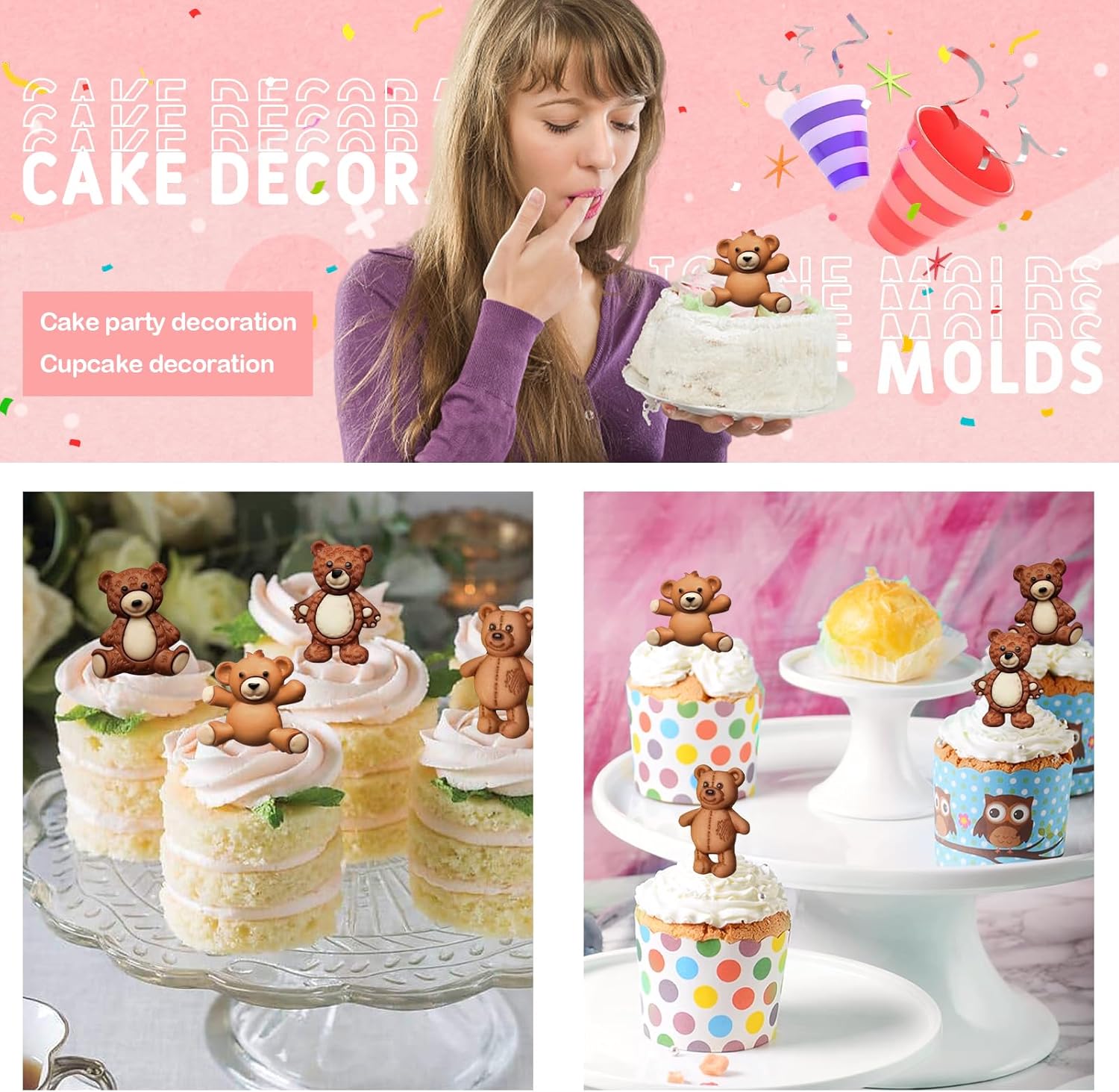 MEMOVAN 3pcs Bear Silicone Fondant Molds for Cake Decorations