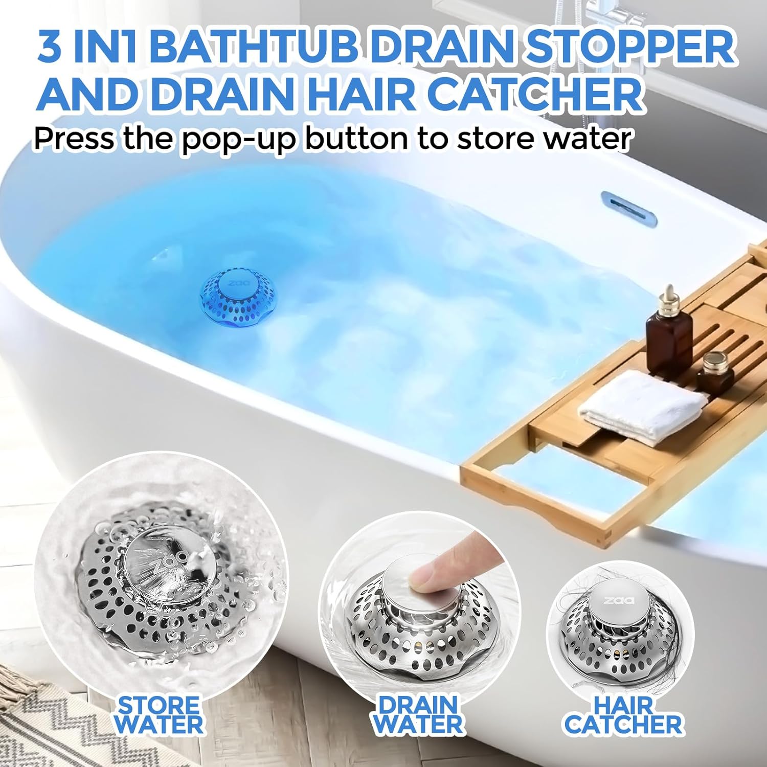 Zaa Bathtub Drain Stopper with Hair Catcher Silver