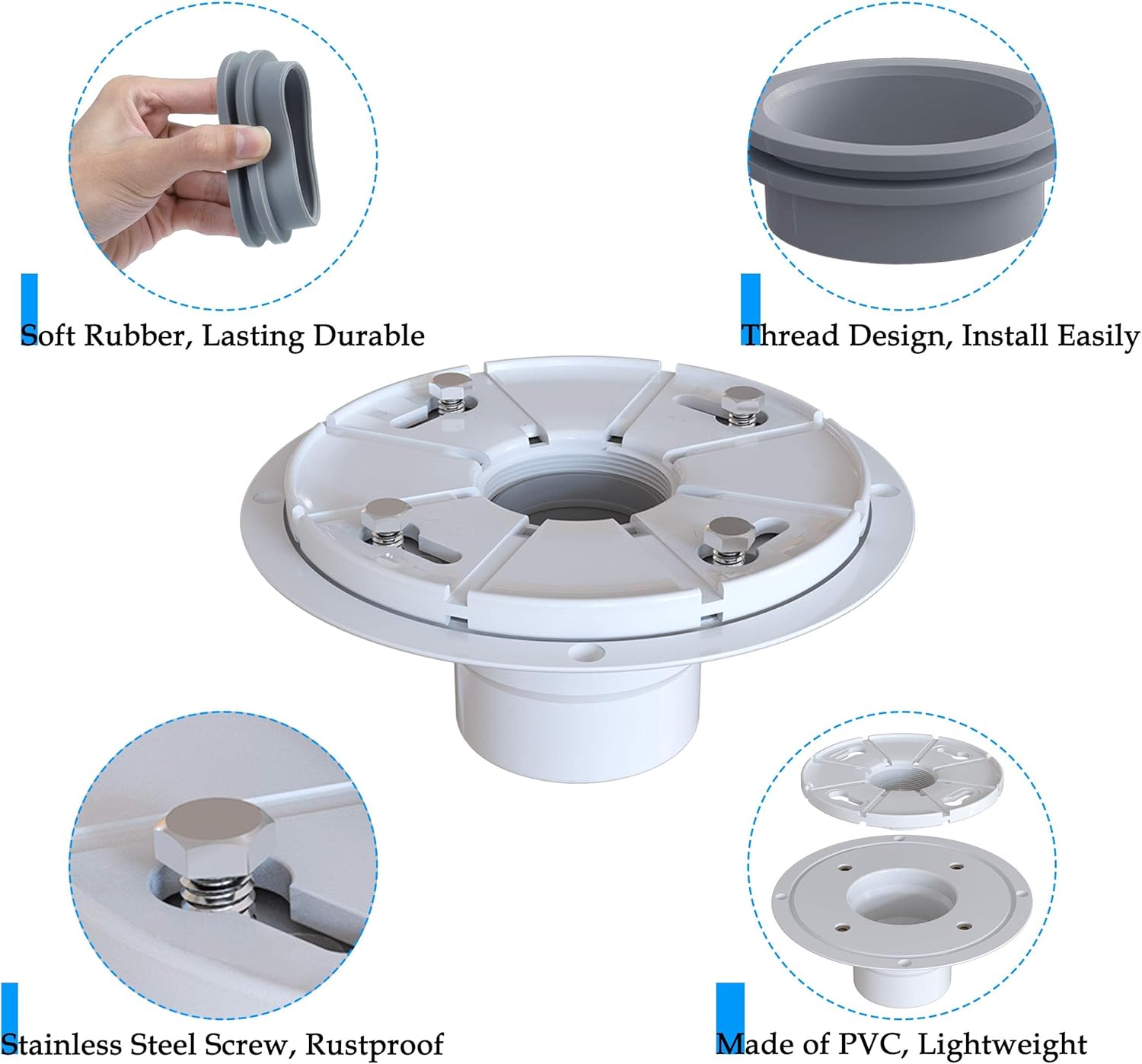 USHOWER 2 Inch Drain Base Flange with Rubber Coupler - White