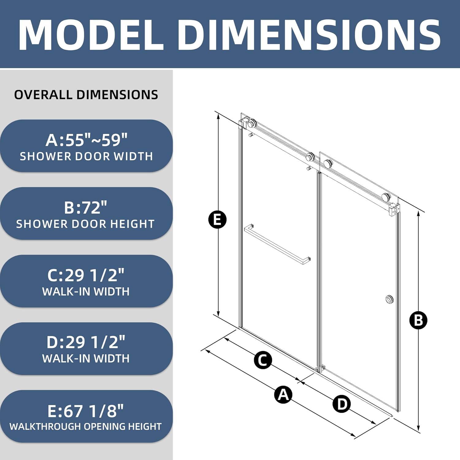 Frameless Shower Door 55-59 x 72 Reversible Installation