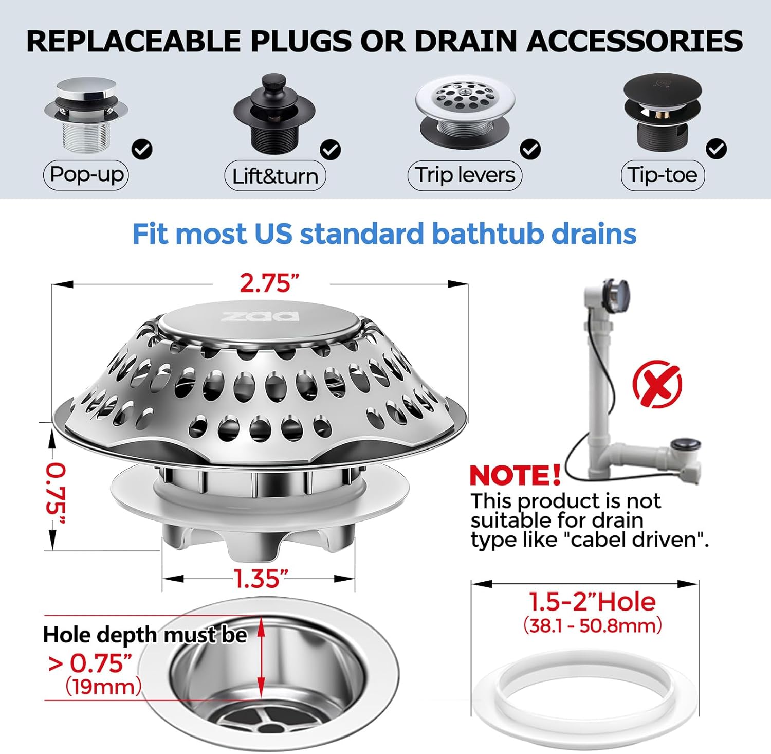 Zaa Bathtub Drain Stopper with Hair Catcher Silver