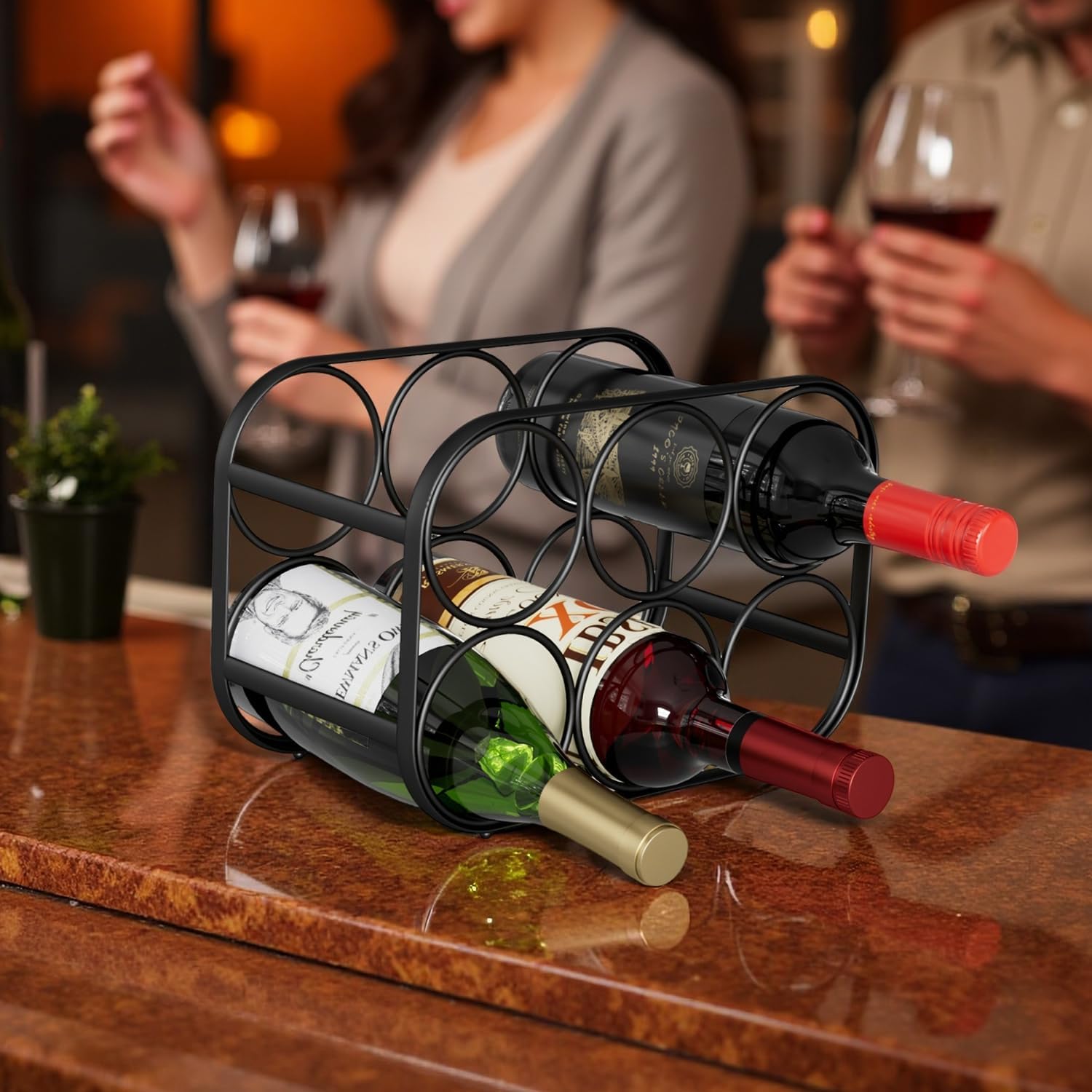 Buruis 6-Bottle Wine Rack Modern Black Metal Stand