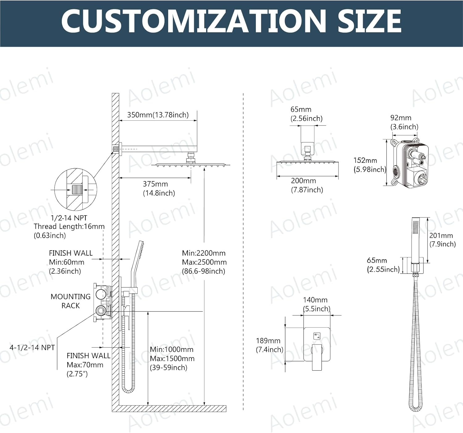 Aolemi Matte Black 8 Inch Wall Mount Shower Head Set