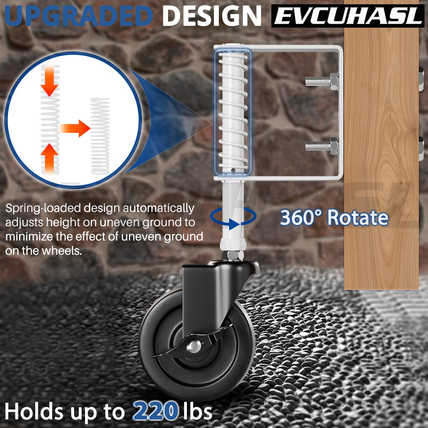 4 Spring Loaded Gate Caster with Side Brake - 220 Lbs Capacity