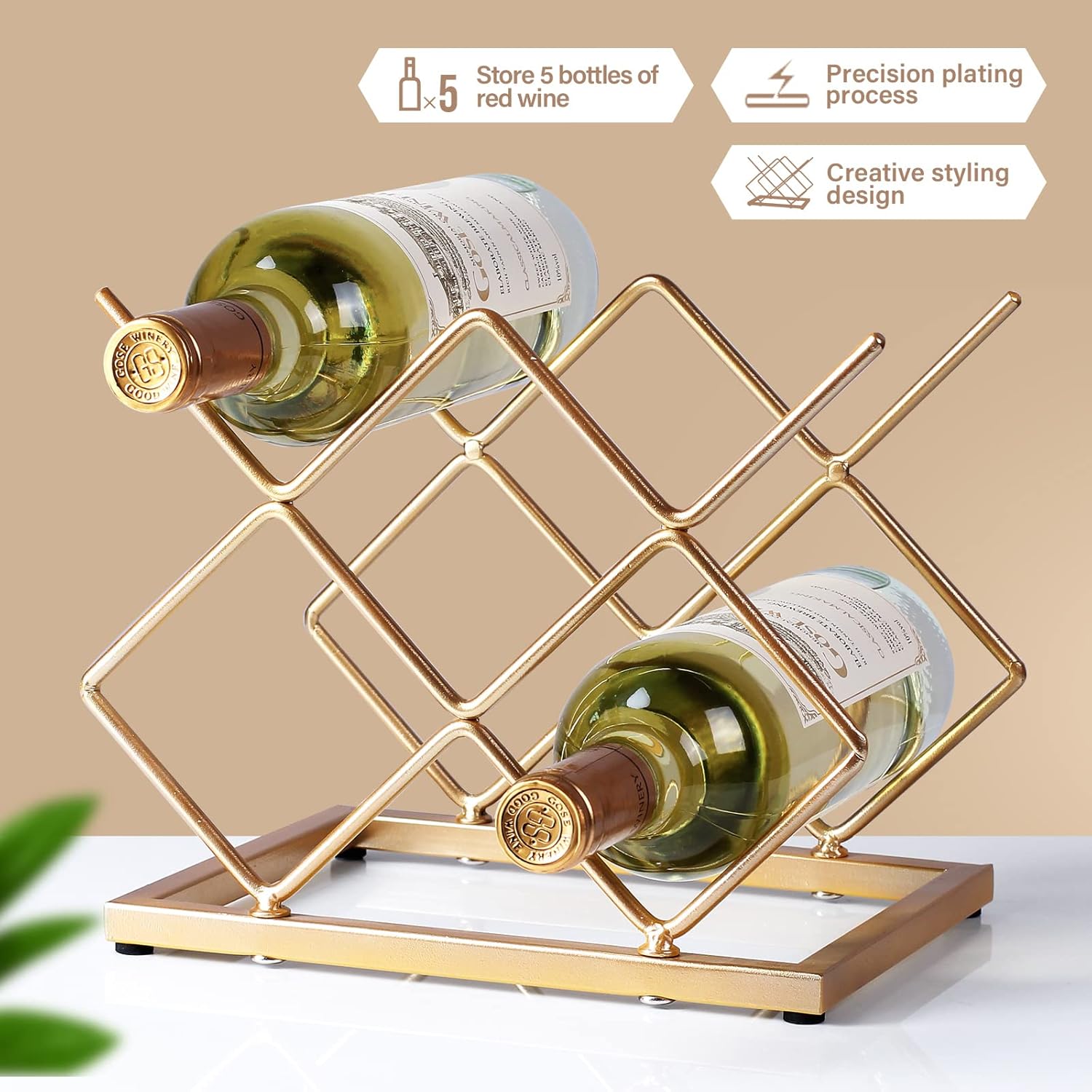 Drincarier 5 Bottle Countertop Wine Rack - Modern Gold Metal Storage Stand