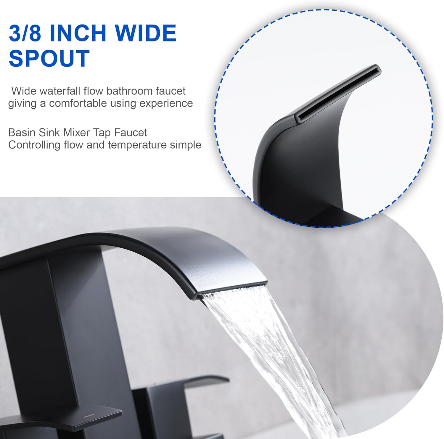 Black Waterfall Bathroom Faucet with Pop Up Drain and Overflow